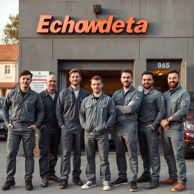 Echipa Echowdelta — șase mecanici în uniforme grii în fața service-ului din Sibiu
